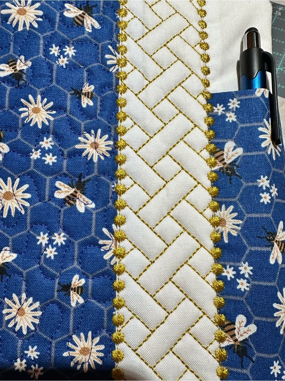 Blue Bee & Flowered Quilted Notebook Cover and Zipper Pouch Set